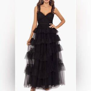 Betsy and Adam Black Tiered Ruffle Tulle Gown